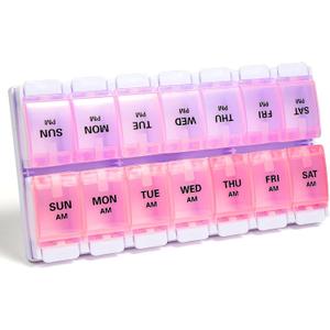 Sukuos AM PM Weekly Pill Organizer 7 Day, 2 Times A Day Medicine Pill Box with Easy Push Button, BPA Free Vitamin Cases for Fish Oil/Supplements, Easy to Clean (Purple&Pink)