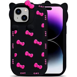 Cute Case for iPhone 13/14 6.1'', Black Kawaii Funny 3D Bow Cartoon Silicone Cat Phone case, Aesthetic Soft Shockproof Classic Protective Cover for Women Girls, and Kids