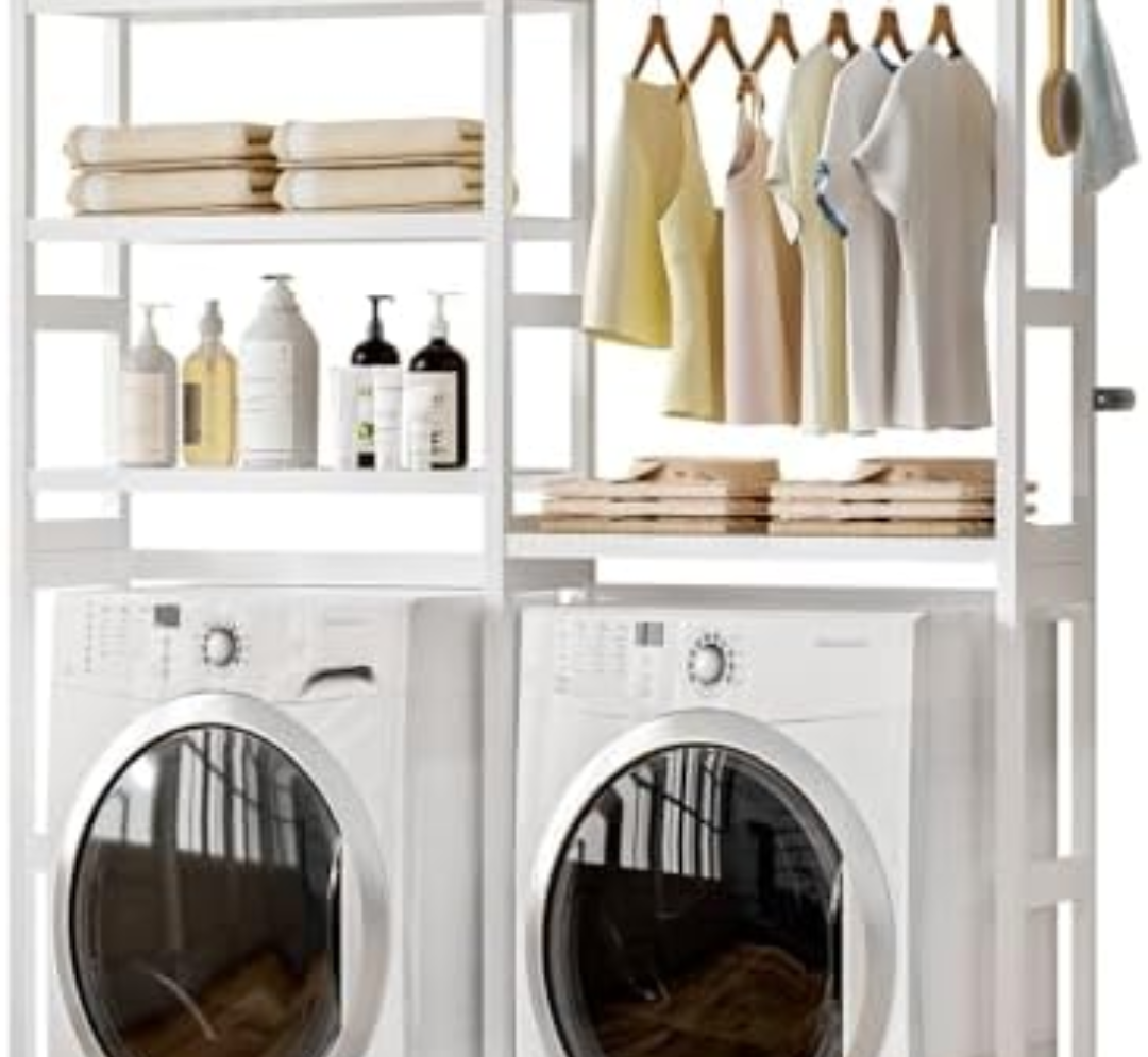 Cozivolife Over The Washer and Dryer Storage Shelf Bamboo,5 Tiers Laundry Room Drying Rack with Adjustable Shelves and 4 Hooks,Space Saver Organizer for Hanging Clothes and Towels (White)