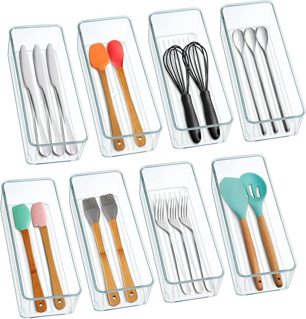 Hudgan 8 Pack Clear Plastic Drawer Organizer Bins Set, Stackable Cutlery Storage Bins Trays for Organizing Kitchen Supplies, Bathroom Supplies, Office Supplies, Crafts, Gadgets, Cabinet Supplies