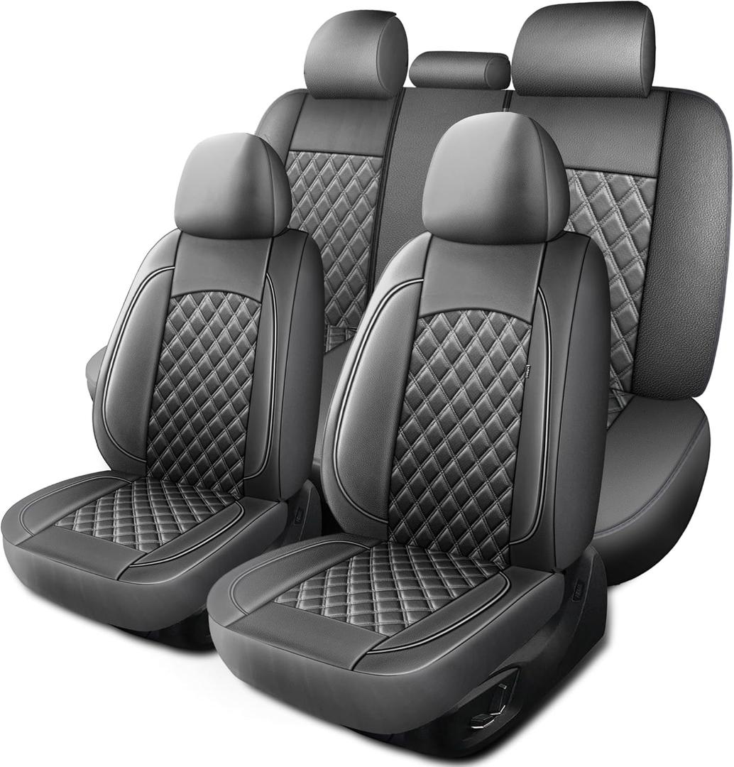HChengkikz Car Seat Covers Full Set, Breathable and Waterproof Napa Leather Car Seat Cover, Interior Universal Fit for Cars, Sedans, SUVs, Vans, Trucks (Full Seat, Grey)