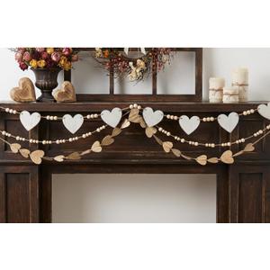 Valentine's Day Garland Set: 3pcs Neutral Vintage Wooden Heart Garland with Wood Beads, Rustic Valentines Banner Decorations Indoor Outdoor for Mantle Fireplace Wall Home Farmhouse Decor