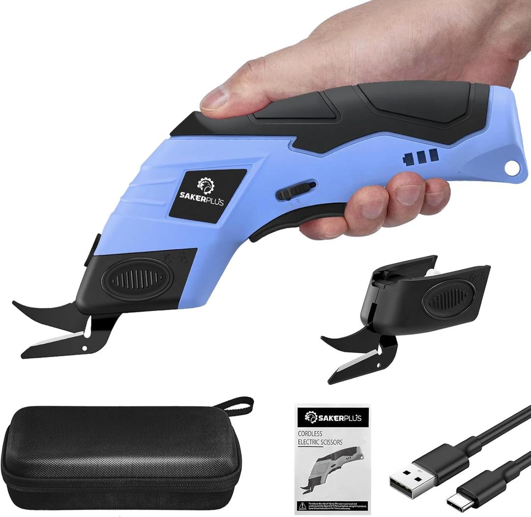 Cordless Electric Scissors, Fabric Scissors, Powerful Pinking Shears, Rechargeable Cardboard Cutter, Craft Scissor for Carpet Fabric Cardboard Leather Felt Cutting (blue-bag(2 blade))