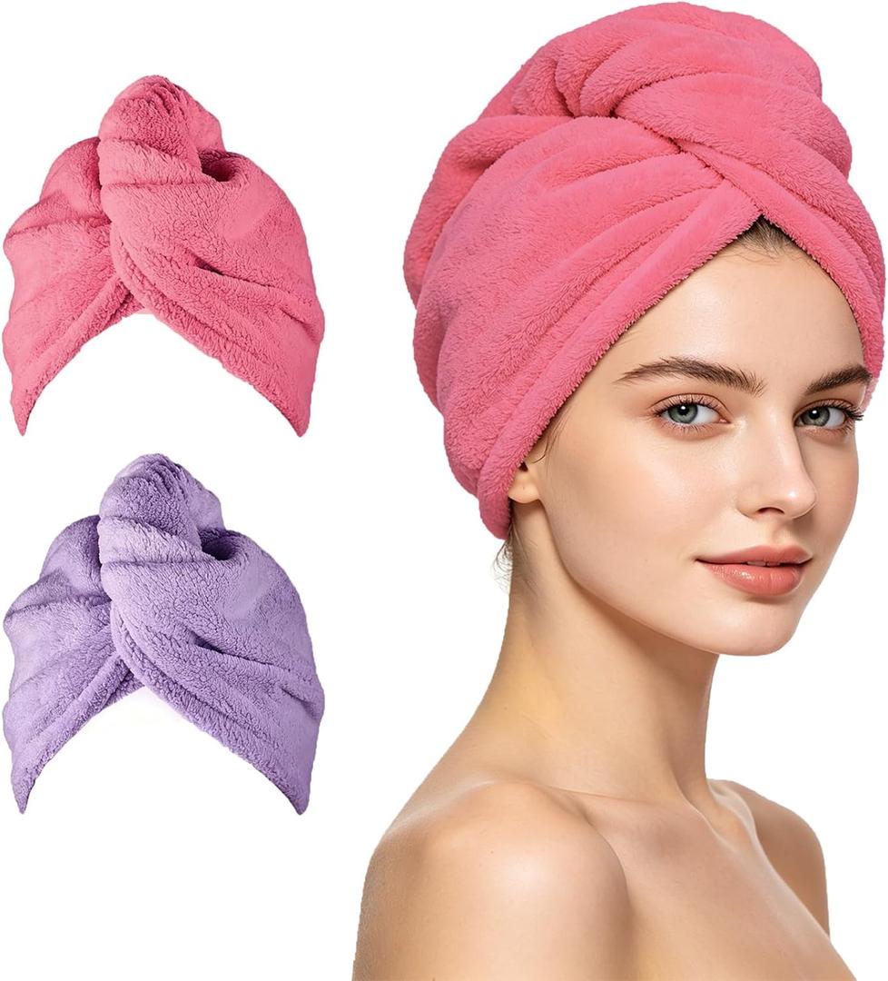 ADOGO Microfiber Hair Towel - 2 Pack Hair Turbans for Wet Hair, Drying Hair Wrap Towels for Women and Kids - Suitable for All Hair TypesPinkPurple