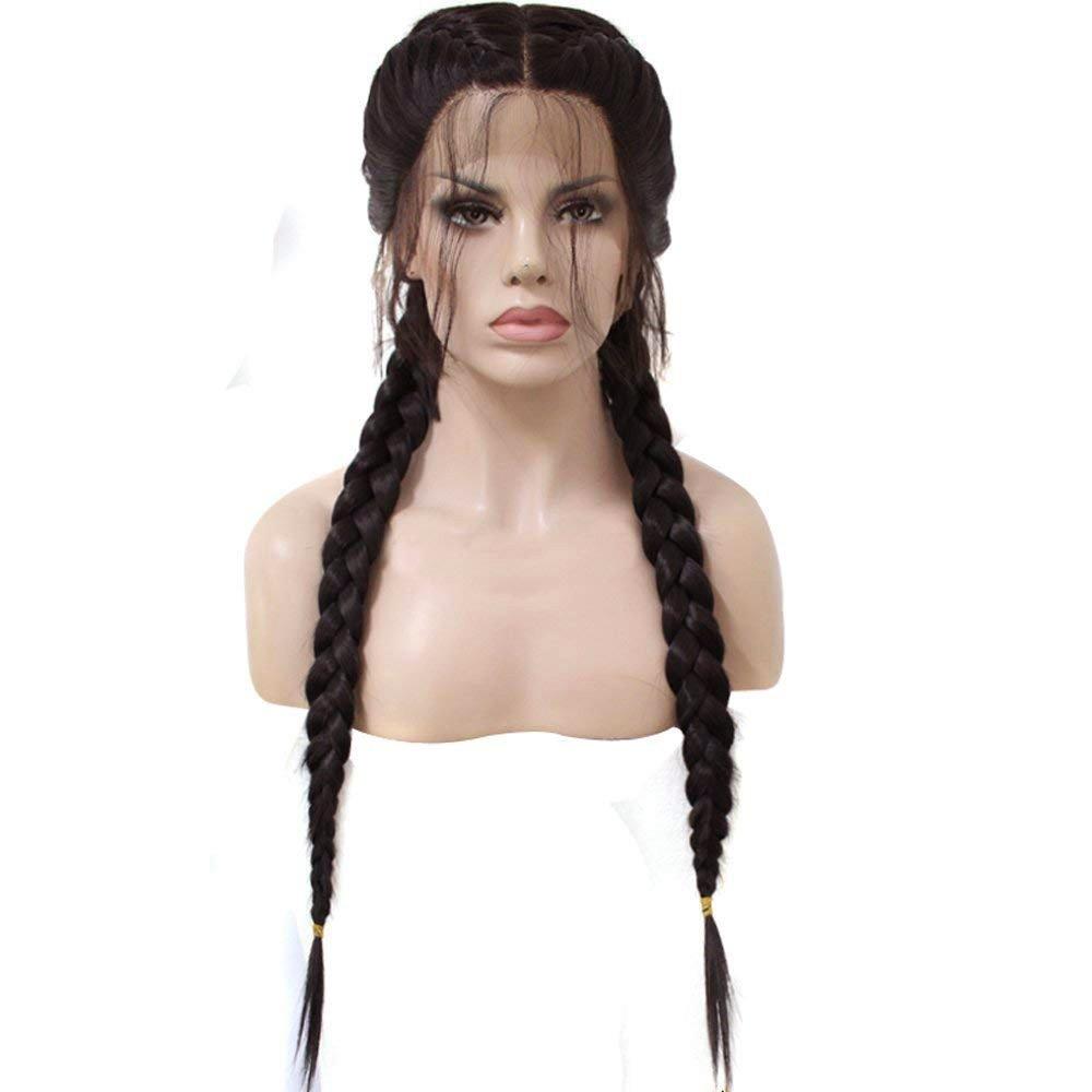 ANOGOL Hair Cap+Long Double Braids 2 Natural Black Synthetic Braided Lace Front Wig with Baby Hair Wigs Heat Resistant Fiber Middle Part