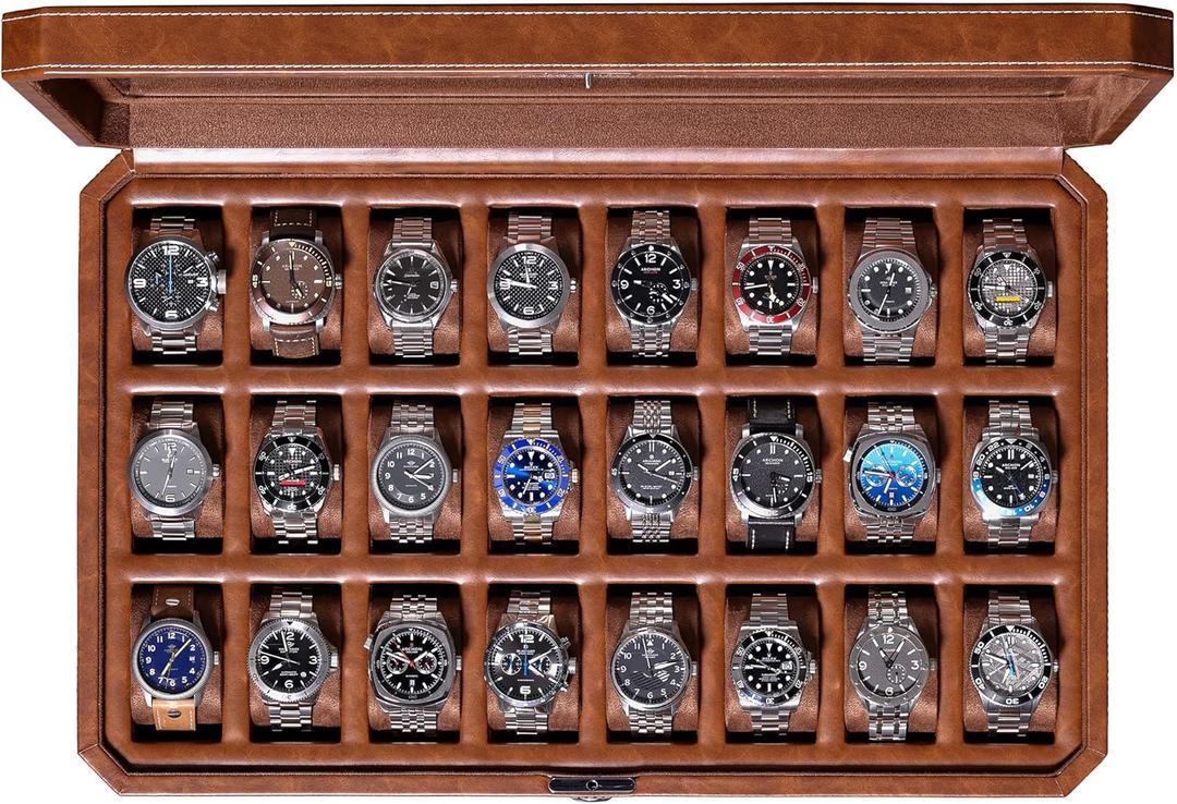ROTHWELL 24 Slot Watch Case with Lock Luxury Watch Box to Display and Organize Your Collection | Real Glass Top | Premium Storage for Collectors (Tan/Brown)