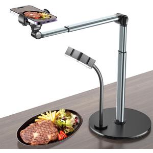 Overhead Phone Mount with Rechargeable Light for iPhone, Table Tripod for Content Creators, Portable Phone Camera Stand for Cooking, Video Recording, Filming, Nail Techs
