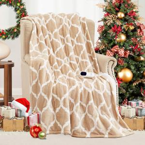 Homemate Heated Blanket Electric Queen Size - 84x90 Heating Blanket with 10 Fast Heat Levels 8 Hours Auto Off Ultra Soft Cozy Flannel Over-Heated Protection ETL Certification Keep Warming in Home (Beige Geometry)