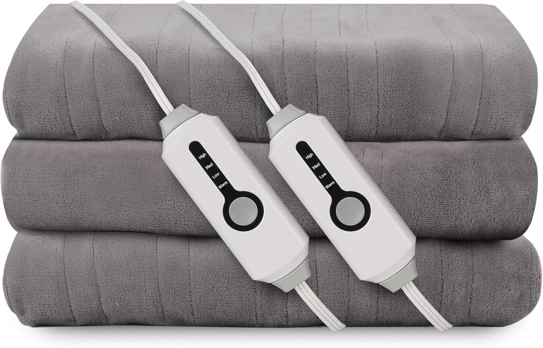 Electric Heated Blanket 84"x90" Queen Size, Soft Coral Fleece, Dual Controllers with 4 Heating Levels and 10 Hours Auto-Off, Machine Washable, Cozy Plush Fabric for Home, Light Grey