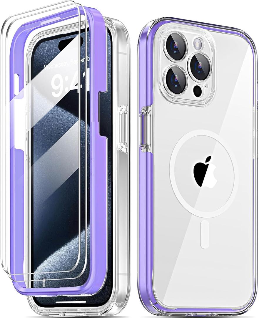 COOLQO Magnetic for iPhone 15 Pro Max Case with Screen Protectors, Compatible with MagSafe, Military Grade Drop Protection, Dual Layer Design Heavy Duty Protective Shockproof Phone Case, Purple (15ProMax-6.7 inch)