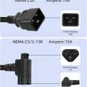 GELRHONR 1FT C20 to C5 and Nema 5-15R Piggyback Power Cable, 3 Prong C20 Plug to Female C5 & 5-15R Power Cable Splitter for Servers, Desktop Computers, Monitors and More (C20 to C5+5-15R, 1FT)