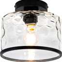 Zlepmlla Glass Ceiling Light, Black Semi Flush Mount with Hammered Glass Shade, Farmhouse Light Fixture for Hallway, Bathroom, Entryway, Kitchen,Living Room