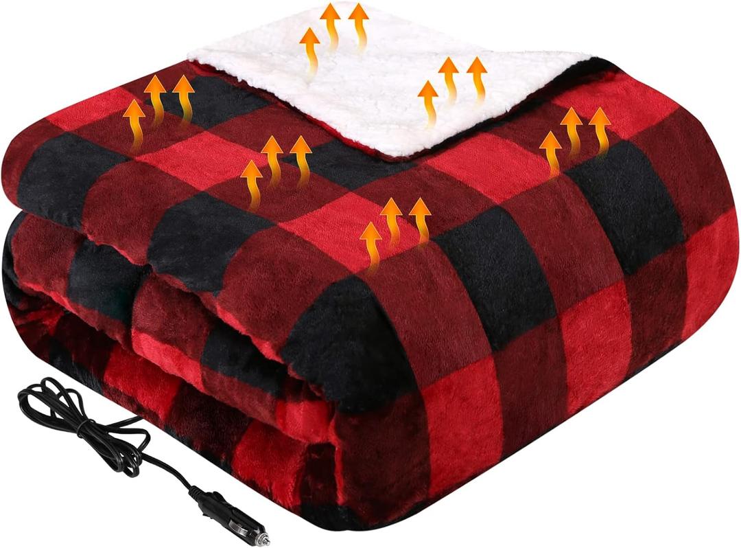 Westinghouse Heated Car Blanket, 12-Volt Electric Blanket for Car, Truck, SUV, RV, Portable Heated Throw for Camping, Red Buffalo Plaid, 59" x 43