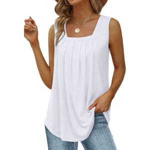 Saloogoe Summer Tank Tops for Women Loose Fit Pleated Square Neck Sleeveless Tops Curved Hem Flowy, 2XL