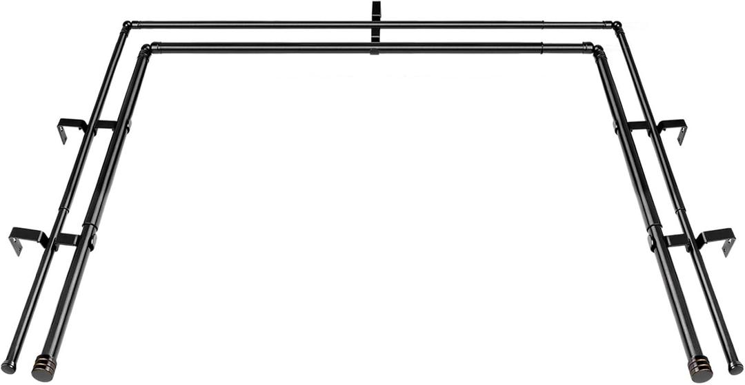 1 Inch Heavy Duty Double Bay Window Curtain Rod, 36-72 Inch Telescoping Center Rod, 20-36 Inch Adjustable Side Rod Set, Black, End Cap Finials