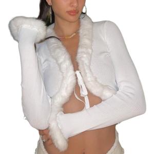 Sexy Women Long Sleeve Tie-up Cardigan Deep V Solid Crop Tops Fur Trim Fashion Knitted Sweaters (Large, White)