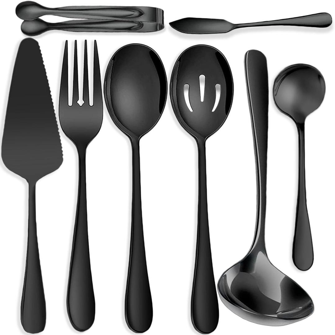 8 PCS Stainless Steel Serving Utensils, Large Serving Spoons Slotted Spoons, Forks, Ice Suger Tongs, Cake Server, Soup Ladle, Metal Utensils Set Great for Buffet Catering Banquet Party, Black