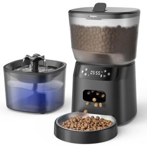 Automatic Cat Feeder and Water Fountain, 4L/16 Cups Timed Cat Dry Food Dispenser, 10s Meal Call, 20 Portions 6 Meals Per Day, 2L Cats Fountains for Drinking with Filter, Pet Feeder for Dog Black