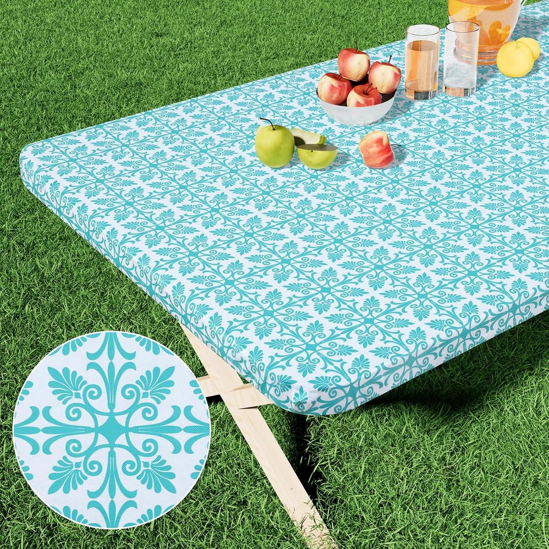 misaya Rectangle Vinyl Table Cloth, Elastic Fitted Flannel Backed Tablecloth, 100% Waterproof Plastic Table Cover Fits Folding Tables for Picnic, Camping, Outdoor (Teal, 36" x 60")
