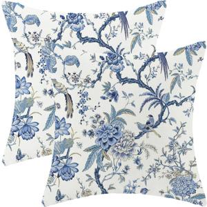 Chinoiserie Spring Pillow Covers 22x22 Set of 2, Vintage Blue Birds Flowers Farmhouse Decorations Throw Pillow Covers Blue and White Outdoor Decorative Linen Cushion Case for Couch Sofa Home