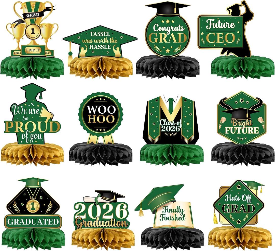 KatchOn, Green, Black and Gold Graduation Centerpieces 2026 - Pack of 12 | Graduation Centerpieces For Tables Graduation Decorations 2026 | Black and Gold 2026 Graduation Decorations