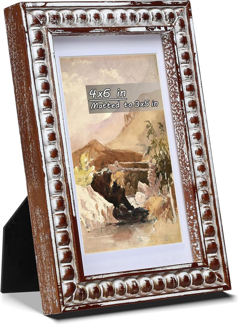 4x6 Rustic Picture Frame with Mat for 3x5, Decorative Distressed Beaded Wooden Real Glass, Vertical or Horizontal Display Photo Gallery Wall & Tabletop Frame, White Washed Brown