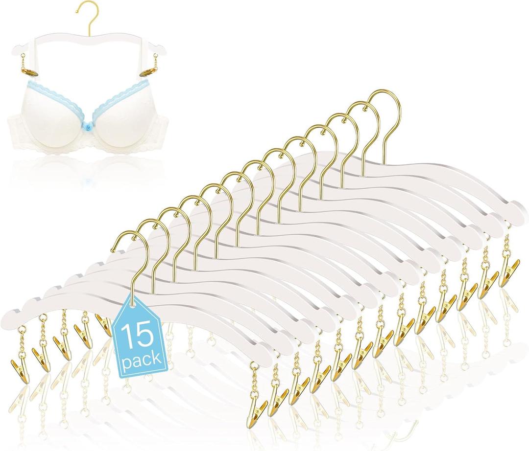 15 Pack Lingerie Hangers with Gold Metal Clips Bralettes Bikini Plastic Hangers for Bras Tank Tops Bralettes Dress Skirt Shorts Pants Women Clothing
