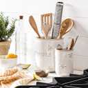 LE TAUCI Utensil Holder for Kitchen Counter - 6.9"+5.3" Ceramic Kitchen Utensil Holder Set of 2, Large Cooking Utensil Crock & Organizer for Spatula, Spoon - Embossed Kitchen Decor, White,Bee