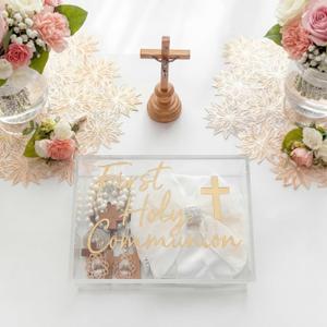 First Communion Keepsake Box Acrylic Baptism Memory Gift Box for Boy Girl Catholic Religious First Holy Communion Prayer Storage Gift for Rosary Jewelry Memento Photo, 8 x 5.5 x 2.36 Inch