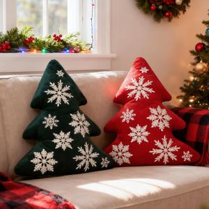 Lanpn Christmas Tree Pillows Set of 2, Christmas Decoration Winter Soft Cute 3D Shaped Xmas Tree Throw Cushion with Snowflake for Sofa Bedroom Xmas Decor (16x18 inch, Red & Green)