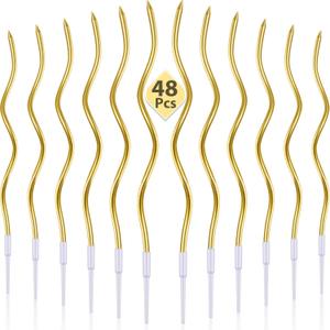 48 Pieces Twisty Birthday Spiral Cake Candles with Holders Long Thin Curly Coil Metallic Cake Cupcake Candles for Birthday Wedding Party Decoration(Metallic Gold)