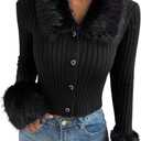 BALTIMORE Women's Fashion Comfort Plush V-Neck Slim Fit Faux Fur Collar Knit Cardigan Sweater for Going Out (Black) Small 