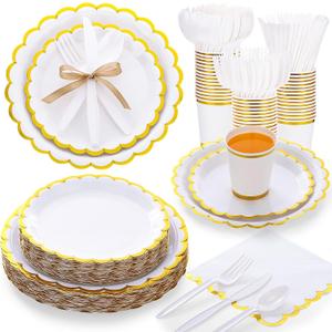 Ziliny 350 Pcs White and Gold Foil Scalloped Plate Napkin Cup for 50 Guest