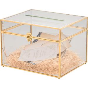 NCYP Large Glass Wedding Cards Box with Slot for Party Reception, 12" x 9.4" x 8.4" - Home Tabletop Clear Decor, Gold Centerpiece, Keepsake (No Lock, Glass Box Only)