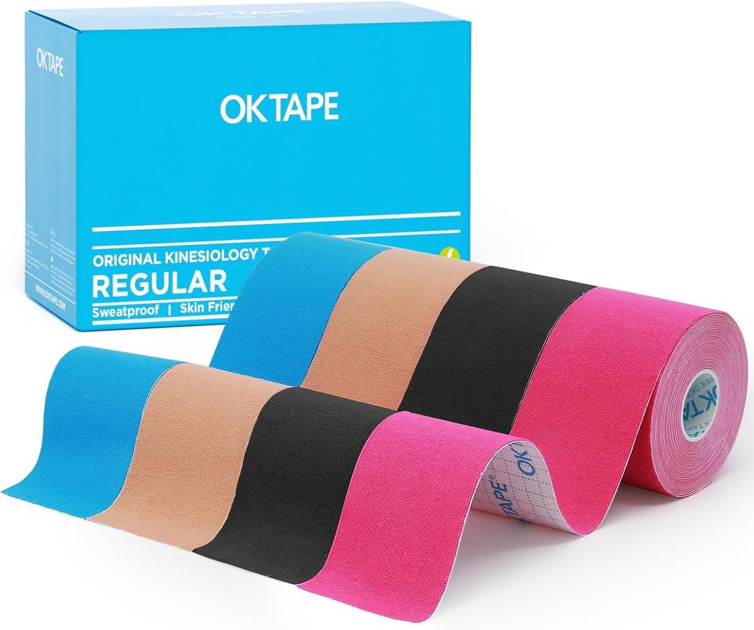 OK TAPE Regular Kinesiology Tape (4 Pack), Original Cotton Athletic Tape for Support Muscle Joint Knee, Sports Waterproof Tape Uncut Strips Latex Free, Hypoallergenic, 2in16.4ft - 4 Colors (4 Rolls, Beige+black+blue+pink)