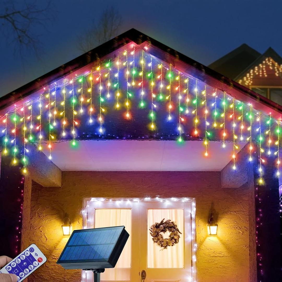 304 LED Solar Christmas Lights, Multicolored Outdoor Icicle Lights, 8 Modes Waterproof Solar Powered String Lights for Xmas Tree Patio Yard Garden Wedding Party House Eaves Roof Decorations