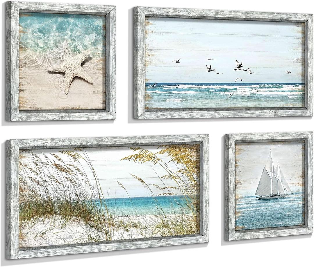 Beach Framed Wooden Pictures Wall Art: Coastal Art Set of 4 Seascape Prints Starfish Pictures Ocean Artwork for Bedroom Overall 36"W x 24"H, 12"x12"x2 PCS + 12"x24"x2 PCS