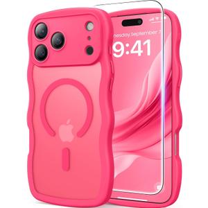 DOMAVER for iPhone 17 Pro Max Case for Women, 1X Screen Protector+1X Wrist Strap, [Compatible with MagSafe] [Full Camera Protection] Cute Wave Matte Phone Case for iPhone 17 Pro Max, Hot Pink