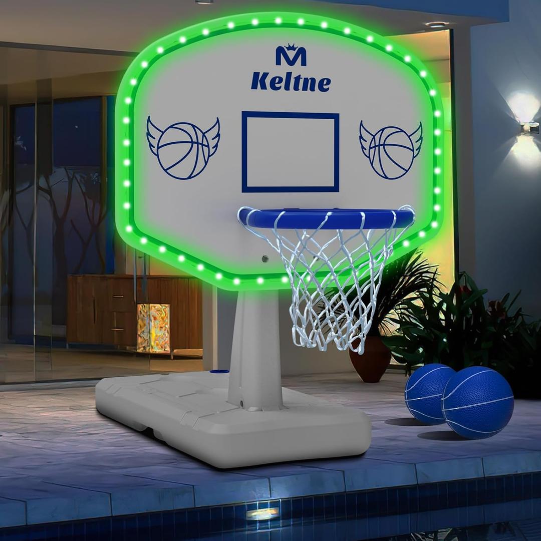 LED Pool Basketball Hoop Poolside, Oversized Water Basketball Hoop with Solar Colorful Lights, 34"x34"x42.2" Light Up Swimming Pool Basketball Hoops for Kids Adults, with 2 Balls and Pump.
