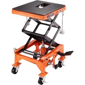 VEVOR Hydraulic Motorcycle Lift Table, 350 lbs Capacity Motorcycle Scissor Jack Lift with Wide Deck, J-Hooks, 4 Wheels, Hydraulic Foot-Operated Jack Stand for ATV Dirt Bikes