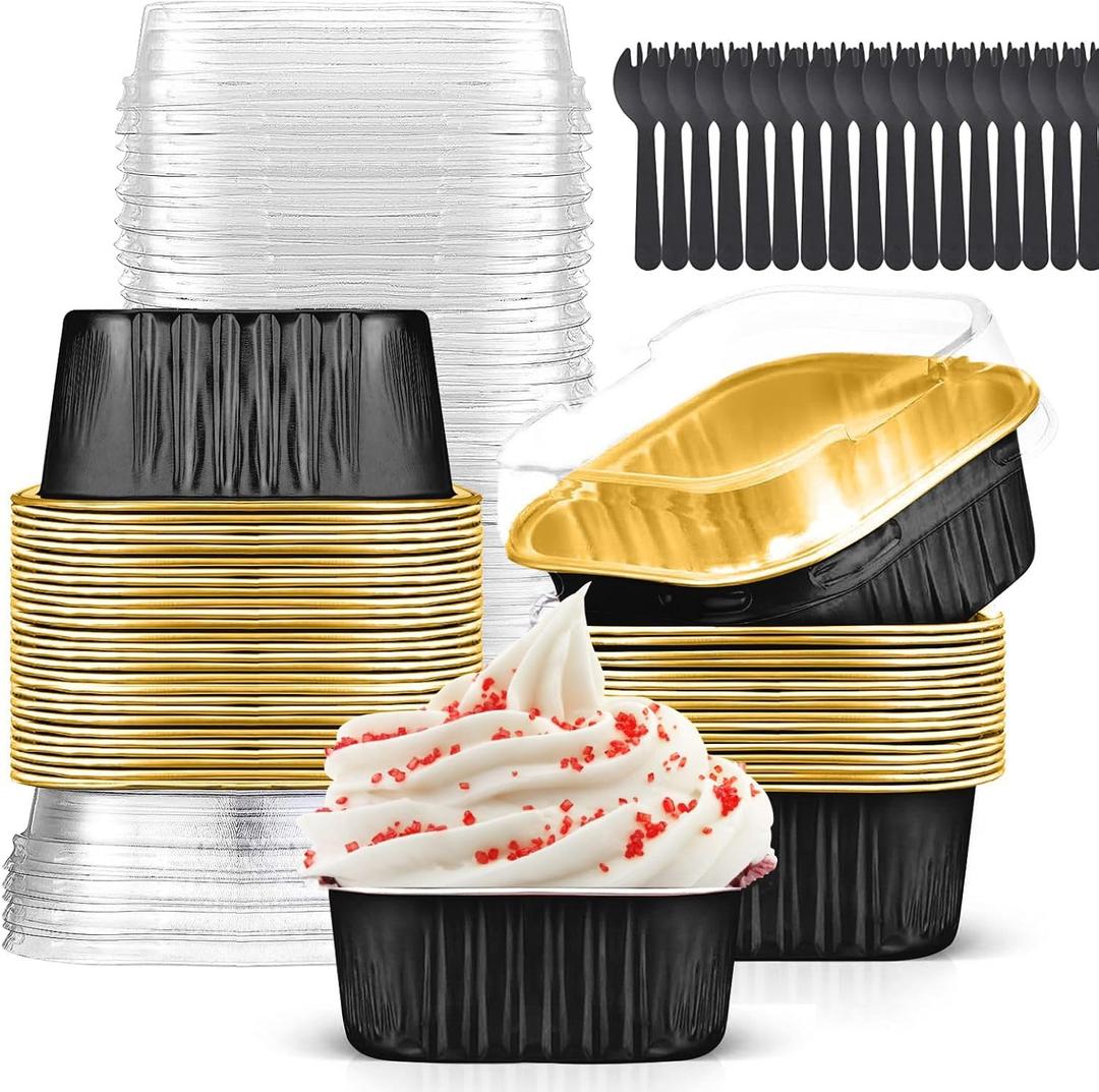 10oz Mini Cake Pans with Lids (40 Pack) Aluminum Foil Square Cupcake Liners Brownie Baking Cups,Disposable 4x4 Large Cupcake Pan,Jumbo Muffin Tin Ramekins Holders (Black)