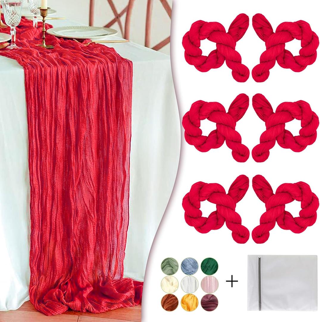 Red Cheesecloth Table Runner 6 Pack 35" Boho Gauze Runner 120 inches Long Runner Rustic Sheer Fabric Bulk for Baby Shower Wedding Bridal Birthday Party Table Decorations, 35" x 10Ft