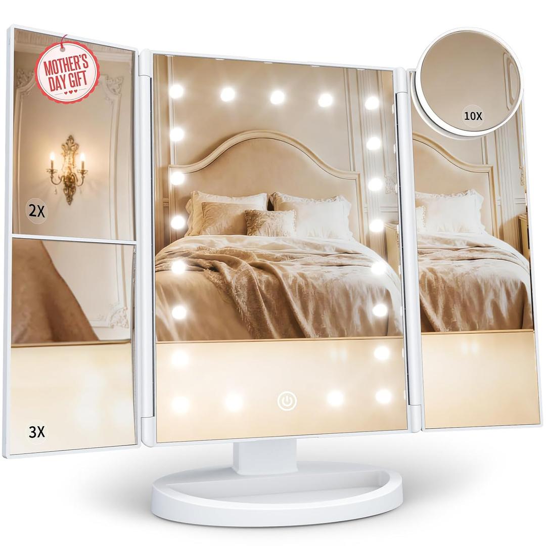 HUONUL Makeup Mirror, Gifts for Mom Mothers Day, Vanity Mirror with Lights, 2X/3X/10X Magnification, Touch Control, Trifold, Dual Power Supply, Birthday Gifts for Women, Girls, Dorm Room Essentials