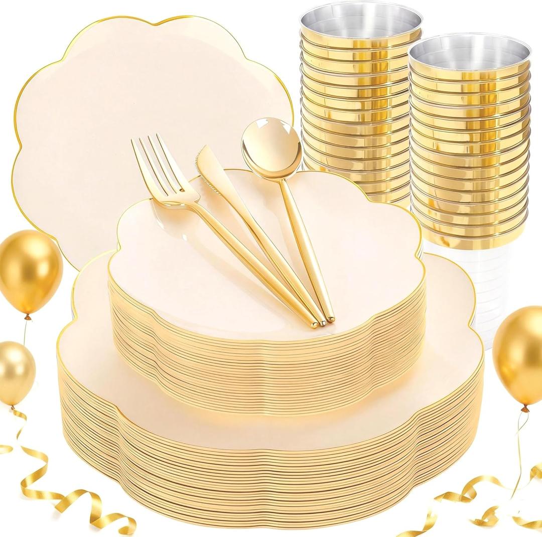 EI 180pcs Beige Plastic Plates with Gold Plastic Silverware,Heavy-Duty Disposable Plates for Party,Beige Dinnerware Set for 30 Guest Wedding,Afternoon Tea,Spring,Mother's Day,Valentine's Day,Easter