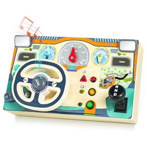 Busy Board Montessori Toys for 1 2 3 Year Old, Wooden Toddler Sensory Toy Busy Board with LED Lights Sound Switch, Toddlers Activity Travel Toy, Steering Wheel Toddler Toys Christmas Gift for Boy Girl