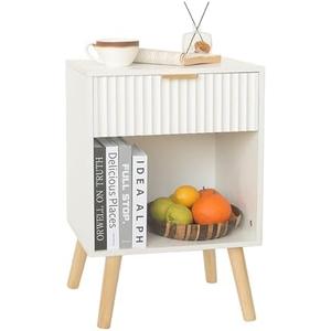 Fultyle White Nightstand, Modern Bedside Table with Drawer and Opening Storage, Fluted End Side Table Living Room with Solid Wood Legs for Bedroom (White)