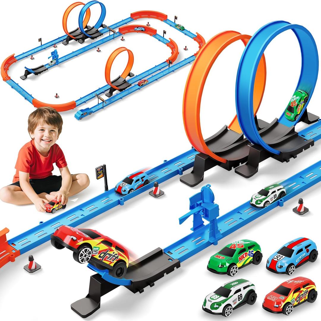 Slot Car Race Track Sets with 360° Thrill Loops & 4 High-Speed Cars, 64 Pcs Large Flexible Racing Track for Kids Ages 3-5 4-8 8-12, Race Car Toys Gift for Boys Girls Birthday Christmas