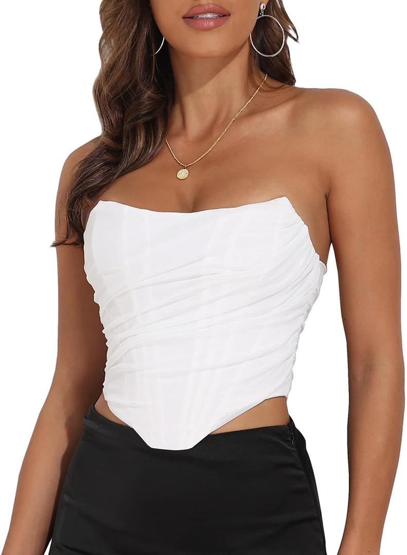 Women's Vintage Strapless Open Back Boned Mesh Bustier Zip Back Corset Bodyshaper Crop Top (2-4, White)