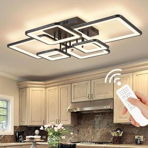 Modern LED Ceiling Light Fixture Black Kitchen Lighting Fixtures Ceiling for Bedroom 31.5" Dimmable 6 Ring Square Ceiling Light for Kitchen with Remote Control for Living Room, Dining Room (6 Rings, Black)
