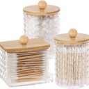 Tbestmax 3 Pack Qtips Holder Bathroom Container, 10/7 oz Cotton Ball/Swabs Dispenser, Apothecary Jar with Bamboo Lids for Bathroom Storage Organizer, Group C-Beige Wood